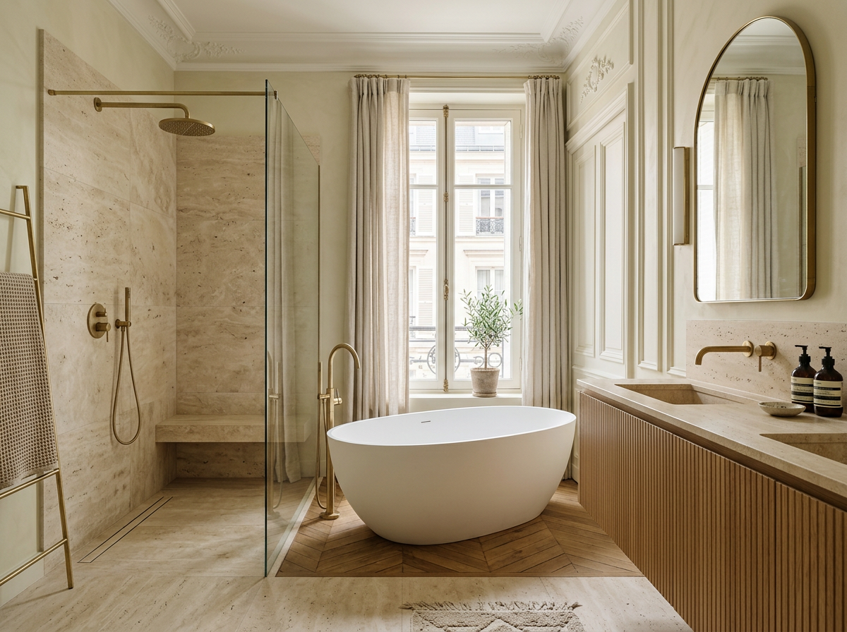 Salle de bain contemporaine en pierre naturelle et robinetterie laiton