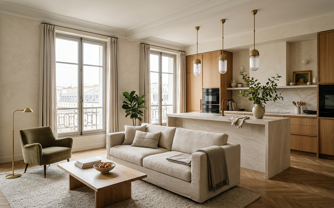 Intérieur rénové lumineux, aux matières naturelles et aux lignes contemporaines