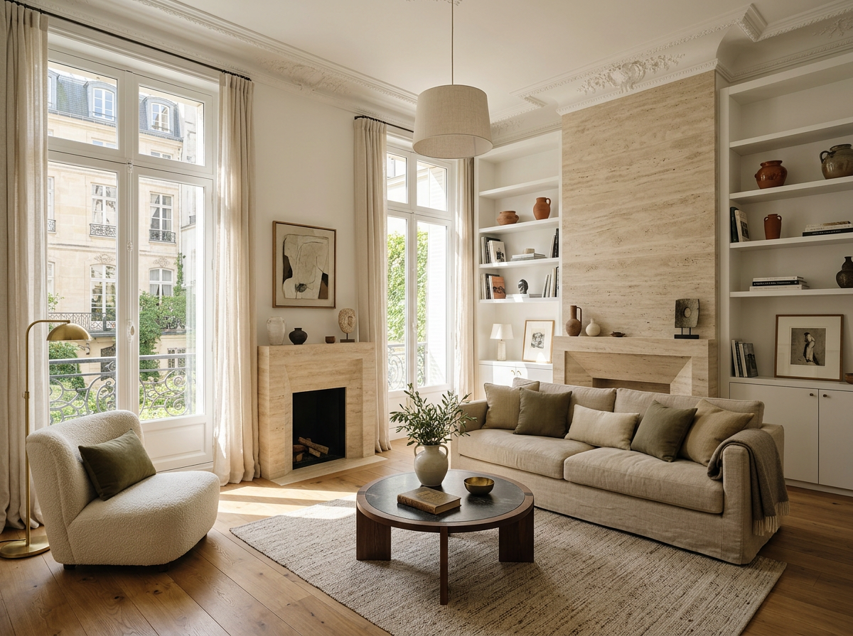 Pièce de vie lumineuse aux matières naturelles et parquet en chêne